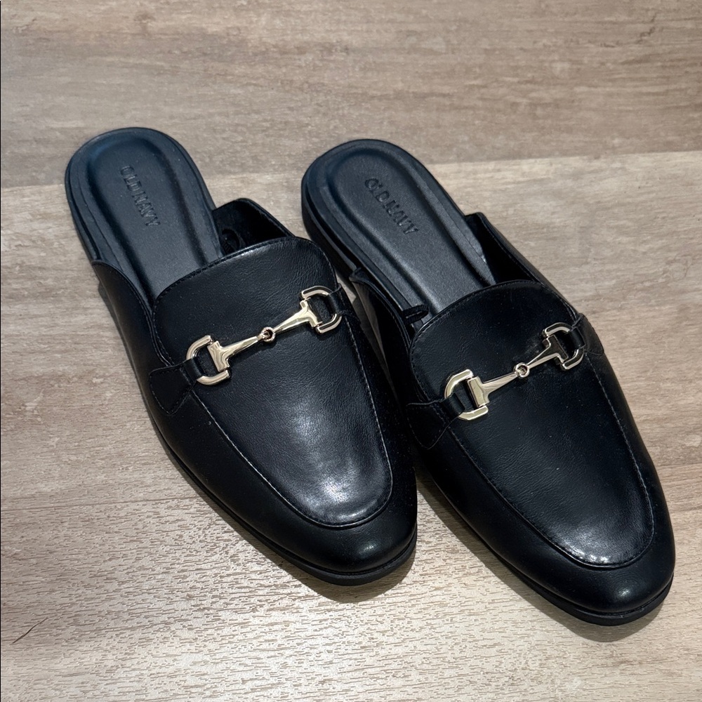 Old navy Black Leather Mules with Gold Accent